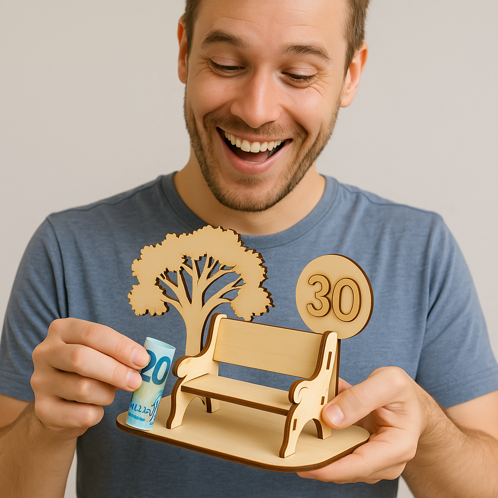 Banco de madera personalizado con soporte para dinero – Regalo original de cumpleaños, comunión o aniversario