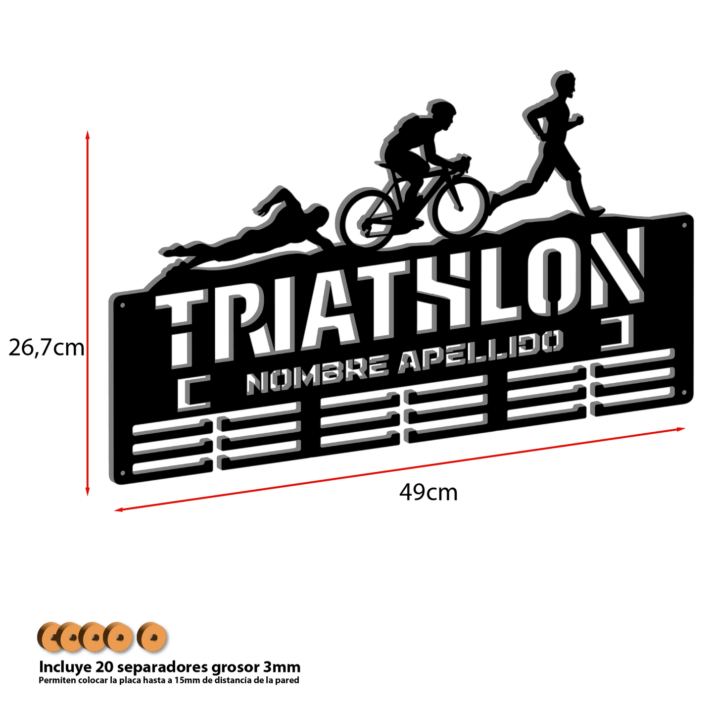 Medallero Triathlón Personalizado con Nombre, modelo Triple desafío