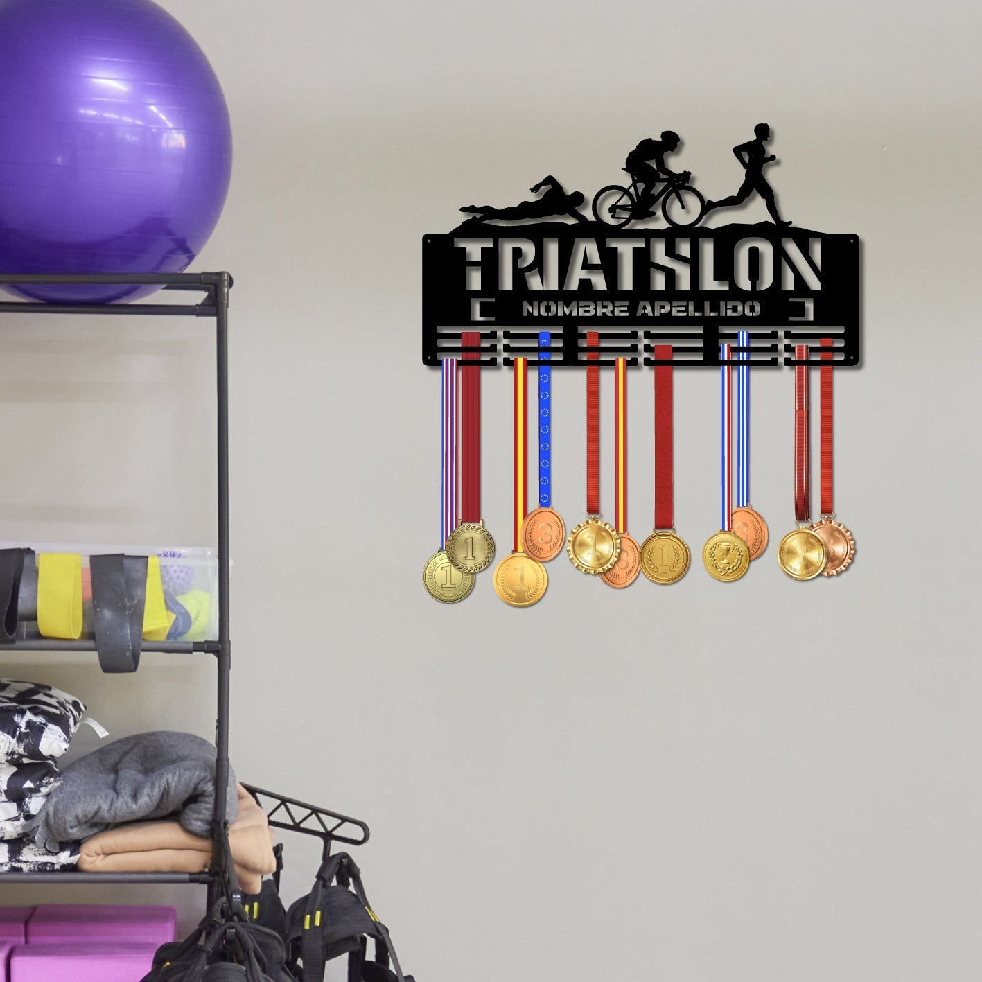 Medallero Triathlón Personalizado con Nombre, modelo Triple desafío