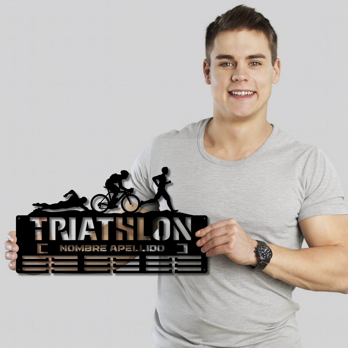 Medallero Triathlón Personalizado con Nombre, modelo Triple desafío