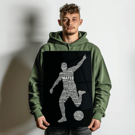 Futbolista figura compuesta por palabras motivadoras y nombre