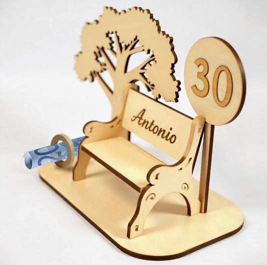 Banco de madera personalizado con soporte para dinero – Regalo original de cumpleaños, comunión o aniversario