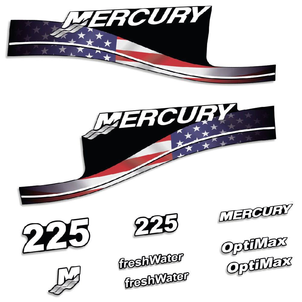 Adhesivos Mercury 225HP Optimax FreshWater edición bandera USA motor fueraborda pegatinas en vinilo