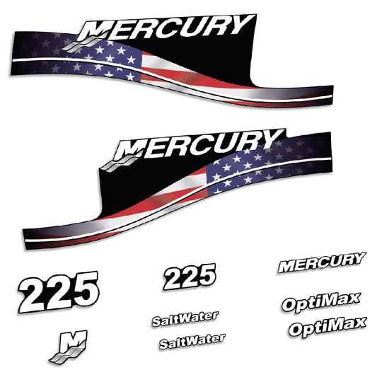 Adhesivos Mercury 225HP Optimax SaltWater edición bandera USA motor fueraborda pegatinas en vinilo