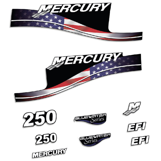 Adhesivos Mercury 250HP EFI BlueWater edición bandera USA motor fueraborda pegatinas en vinilo