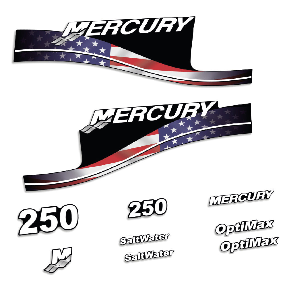 Adhesivos Mercury 250HP Optimax SaltWater edición bandera USA motor fueraborda pegatinas en vinilo