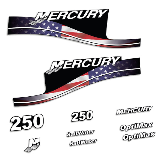 Adhesivos Mercury 250HP Optimax SaltWater edición bandera USA motor fueraborda pegatinas en vinilo