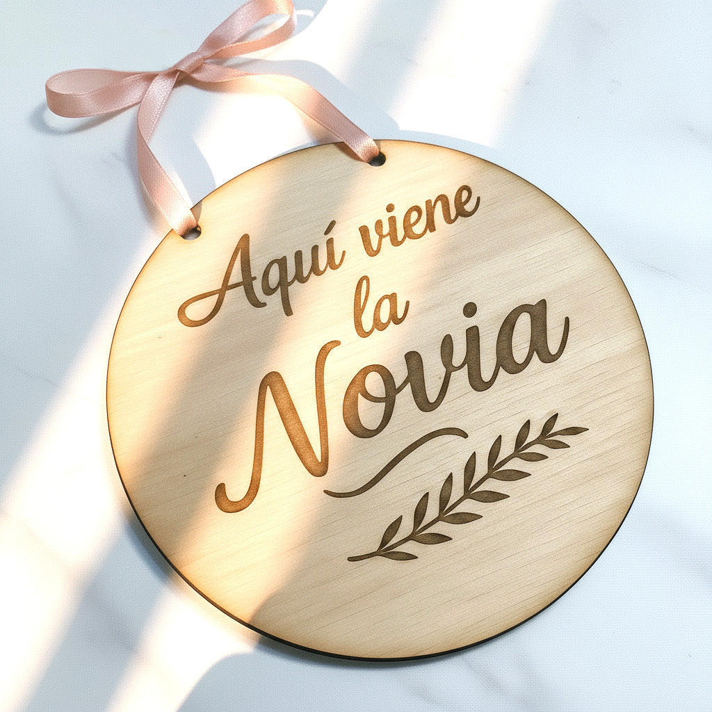 Cartel de Madera "Aquí Viene la Novia" – Decoración de Boda
